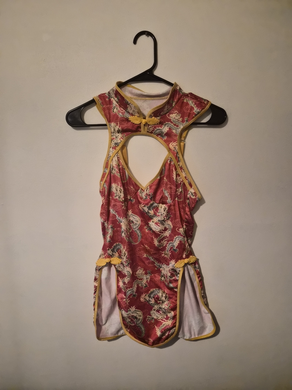 Red Yellow Dragon Print One-Piece Bosycon Minidress with Yellow Trim